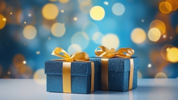 AI generated blue christmas gift boxes on bokeh background, photo