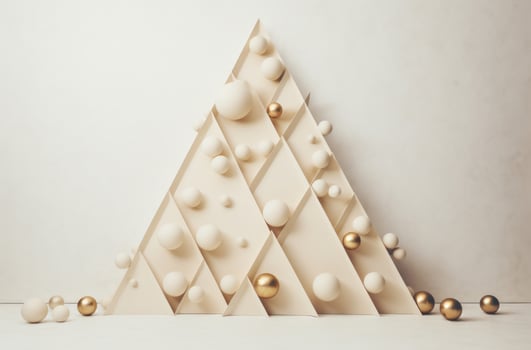 AI generated christmas tree around a beige area with baubles, photo