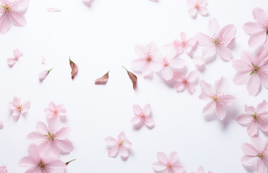 AI generated pink flowers with leaves falling off on white background with spring blooming photo