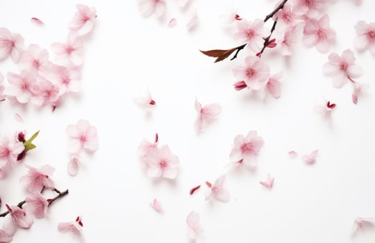 AI generated pink flowers with leaves falling off on white background with spring blooming photo