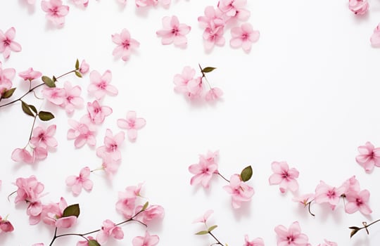 AI generated pink flowers with leaves falling off on white background with spring blooming photo