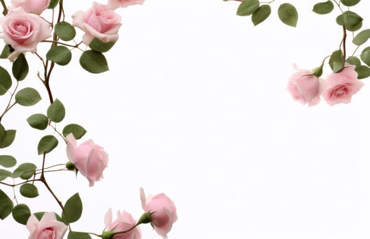 AI generated pink peony flowers on white with green leaves minimalist backgrounds photo