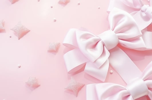 AI generated snowy white decoration and bows on pink background photo