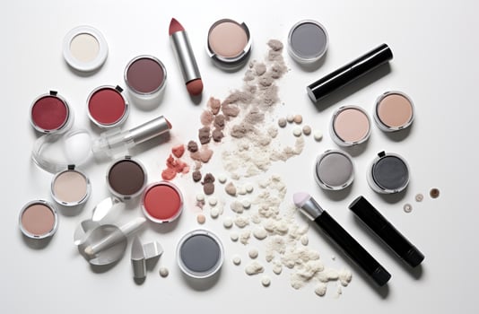 AI generated some makeup items arranged on top of each other on a white background, photo