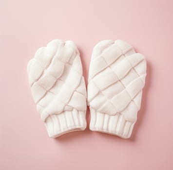 AI generated the white knit mittens are laying on a pink background, photo