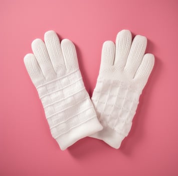 AI generated the white knit mittens are laying on a pink background, photo