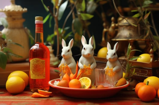 AI generated three rabbits with a bottle of oranges next to them, photo