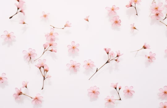 AI generated tiny pink flowers, leaves and stems floating on a white surface, photo
