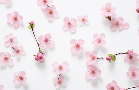 AI generated tiny pink flowers, leaves and stems floating on a white surface, photo