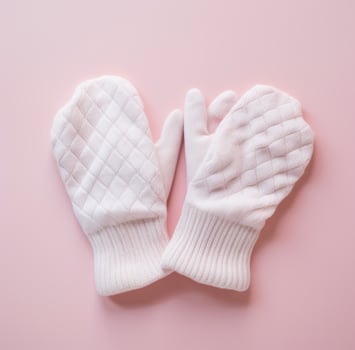 AI generated two knitted white mittens on a pink surface photo