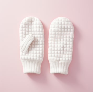 AI generated two knitted white mittens on a pink surface photo