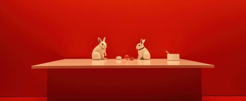 AI generated two small white rabbits are placed on a red table, photo