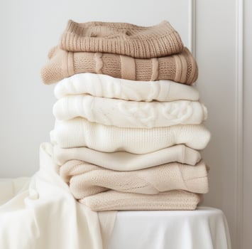AI generated various knit sweaters stacked together in different colors, photo