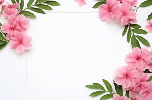 AI generated white background with pink flowers and green leaves, photo
