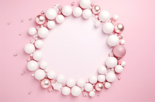 AI generated white christmas decorations arranged in a circle on a pink background photo