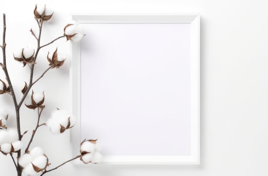 AI generated white frame and cotton branches in white background, photo