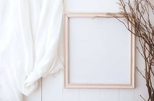 AI generated white frame and cotton branches in white background, photo