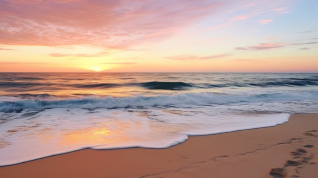 AI generated calm beach with gentle waves, soft sand, and a colorful sunset over the horizon photo