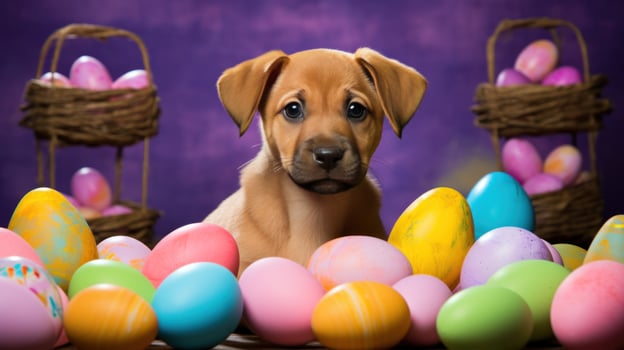 AI generated A cute photo of a puppy wearing bunny ears and surrounded by Easter eggs