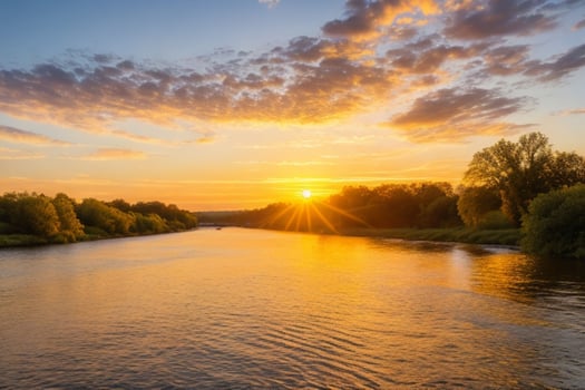 AI generated Golden hour sunset on the river. Pro Photo