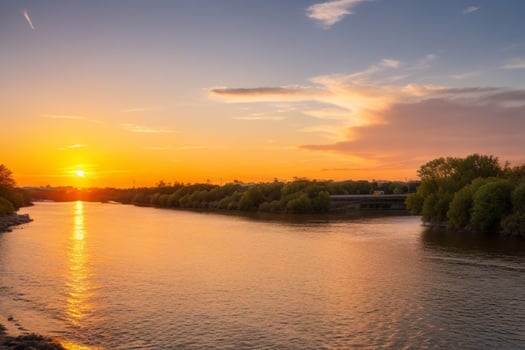 AI generated Golden hour sunset on the river. Pro Photo