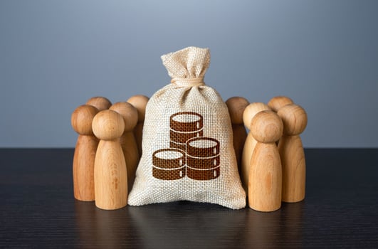 People gather around money bag. Financial support. Crowdfunding and fundraising. Social politics. Deposits and loans. Salaries and pensions. Social payments. Organization of the community budget. photo