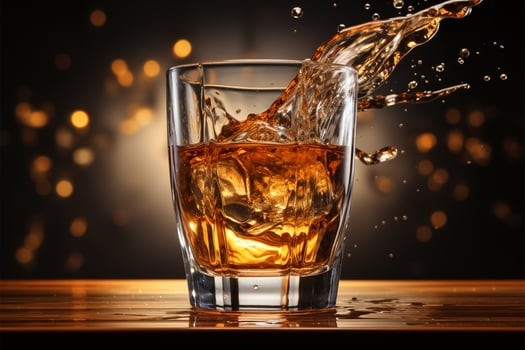 AI generated Glass of whiskey with ice on the background of mountains and sunset. photo