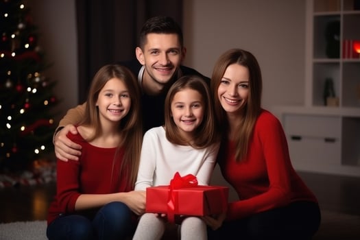 AI generated happy family with Merry Christmas magic gift near tree at evening at home photo