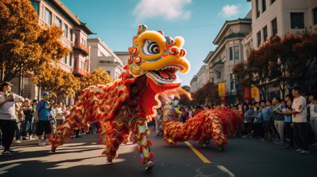 AI generated A colorful parade featuring dragon dancers, lion dancers photo