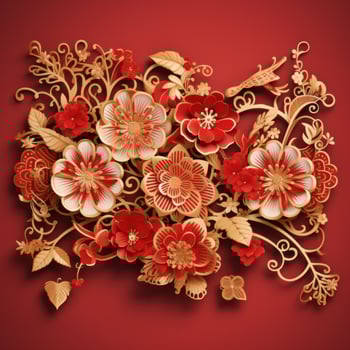 AI generated A vibrant Chinese New Year greeting card adorned with intricate golden patterns photo