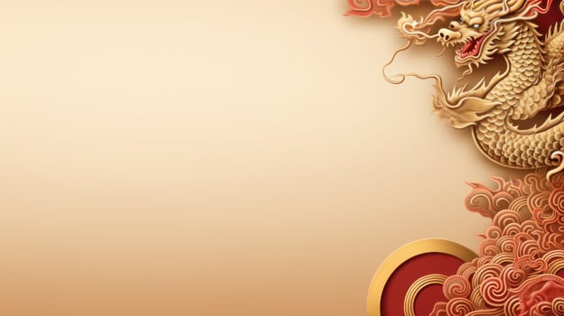 AI generated minimalist chinese background with gold dragon and national ornament large copyspace area. photo
