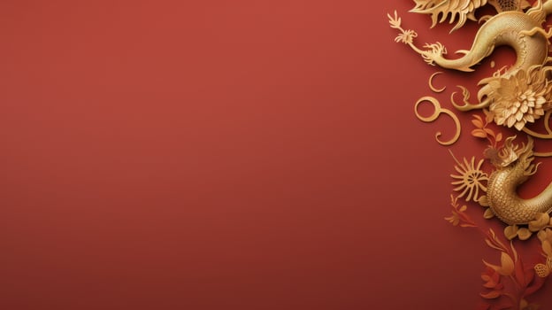 AI generated minimalist chinese background with gold dragon and national ornament large copyspace area. photo