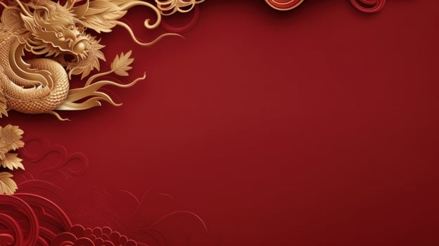 AI generated minimalist chinese background with gold dragon and national ornament large copyspace area. photo