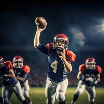 AI generated A football quarterback throwing a pass, with the ball in mid-air and the receivers photo