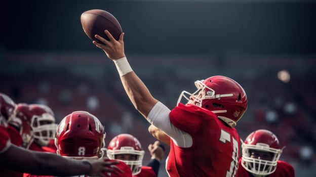 AI generated A football quarterback throwing a pass, with the ball in mid-air and the receivers photo