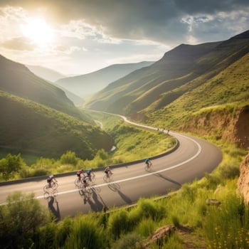 AI generated cyclists riding through a winding mountain road, with a beautiful scenic landscape photo