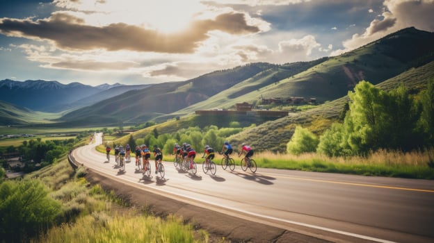 AI generated cyclists riding through a winding mountain road, with a beautiful scenic landscape photo