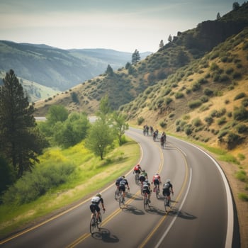 AI generated cyclists riding through a winding mountain road, with a beautiful scenic landscape photo
