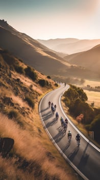 AI generated cyclists riding through a winding mountain road, with a beautiful scenic landscape photo