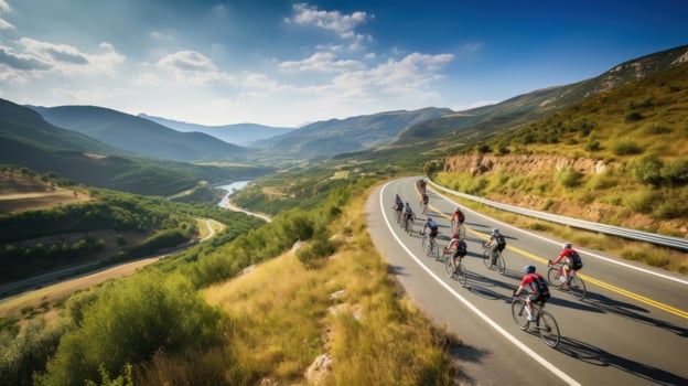 AI generated cyclists riding through a winding mountain road, with a beautiful scenic landscape photo