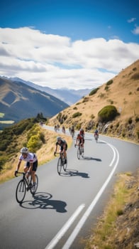 AI generated cyclists riding through a winding mountain road, with a beautiful scenic landscape photo