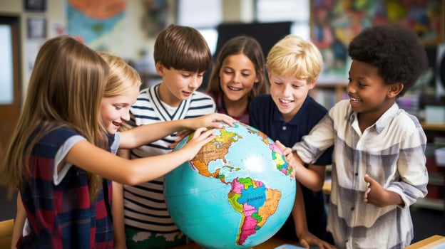 AI generated A group of students standing around a globe, engaged in a geography lesson photo