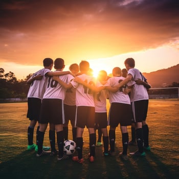 AI generated A group of young soccer players huddled together in a team talk, with the sun setting behind them photo