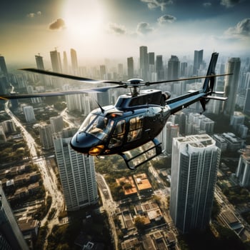 AI generated A helicopter hovering over a cityscape, with skyscrapers and busy streets below photo