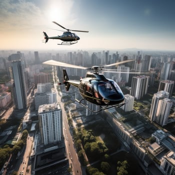 AI generated A helicopter hovering over a cityscape, with skyscrapers and busy streets below photo