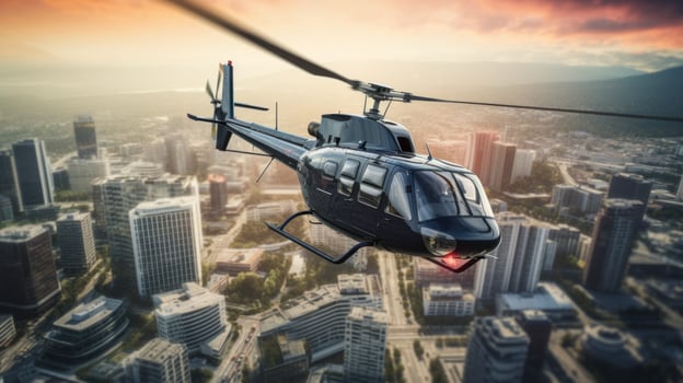 AI generated A helicopter hovering over a cityscape, with skyscrapers and busy streets below photo