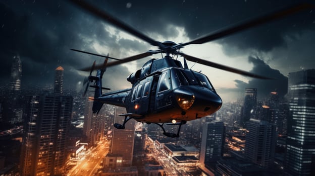 AI generated A helicopter hovering over a cityscape, with skyscrapers and busy streets below photo