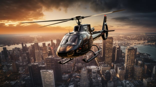 AI generated A helicopter hovering over a cityscape, with skyscrapers and busy streets below photo