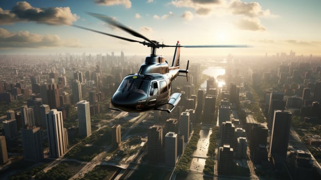 AI generated A helicopter hovering over a cityscape, with skyscrapers and busy streets below photo