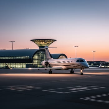 AI generated a private jet on the tarmac, with the airport terminal and control tower in the background. photo